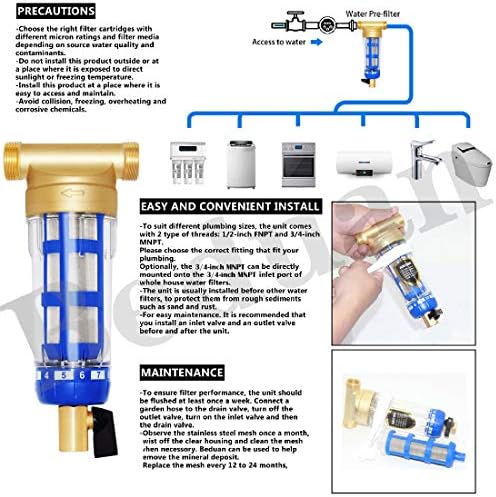 Beduan Whole House Spin Down Sediment Water Filter 50 Micron Reusable Pre Filter System Protector, 3/4" Male Thread, 1/2" Female Thread - Image 5
