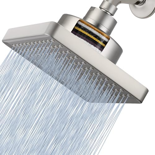 High Pressure Rain Shower Head with Filtered - 6" Square Showerhead Filter for Remove Chlorine and Harmful Substances, Improve Hair and Skin Problems, Brushed Nickel by NuodanLuxuryShowerSystems