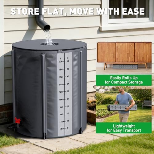 Yesker Collapsible Rain Barrel, 53 Gallon Portable Rainwater Collection System, 550D PVC Water Storage Tank, Rain Catcher with Spigots Filter Overflow Kit, Grey - Image 6