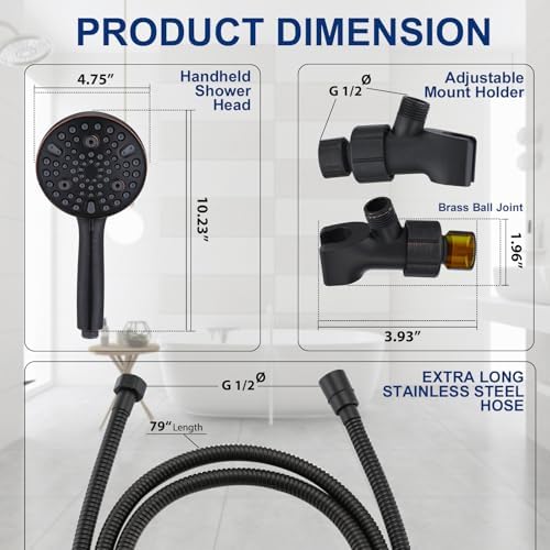 High Pressure 10 Setting Handheld Shower Head, 5" Detachable Showerhead Spray Built-in Power Wash to Clean Tub, Tile & Pets, 79" Extra Long Stainless Steel Hose, Adjustable Bracket - Oil Rubbed Bronze - Image 3
