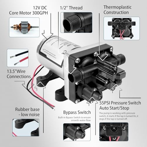 WASSERMANN RV Water Pump 12V DC 4008-101-A65/E65 Replacement, 3.0 GPM 55PSI, Quiet Pump with Pressure Switch for Camper RV Shower Garden Industrial Yacht Sprayer Food Truck Travel Trailer Water Pumps - Image 4