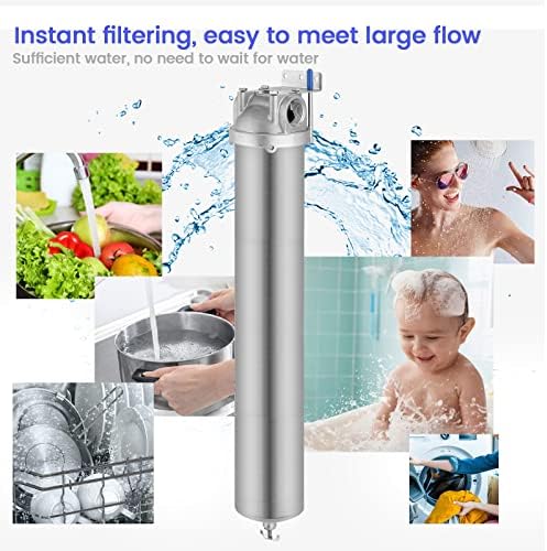 NSF/ANSI 42 Stainless Steel Whole House Water Filter Housing, 20" x 2.5" Sediment Water Filter System for Heavy Duty, Well & City Water, 1" NPT Port, Drain Valve Style A(Wing) - Image 5