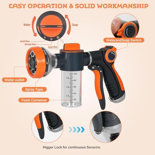 OJKGVGarden Hose Nozzle,8 Patterns Hose Sprayer High Pressure,Heavy Duty Dog Wash,Metal Water Hose Nozzle with Soap Dispenser,Car Wash Foam Gun With Pets Things (Orange gray) - Image 2