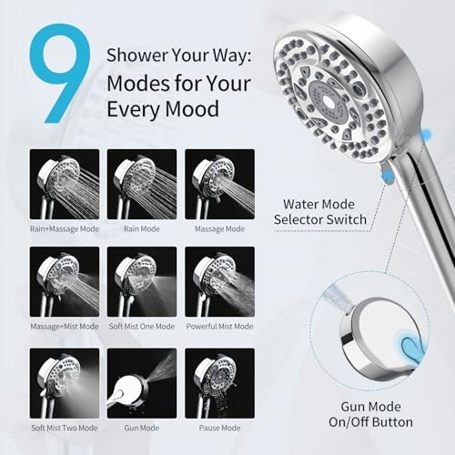 Filtered Shower Head with Handheld, 9 Spray Mode High Pressure Shower Head with 4 Filters, Hard Water Filter Showerhead - Remove Chlorine, Chrome - Image 4