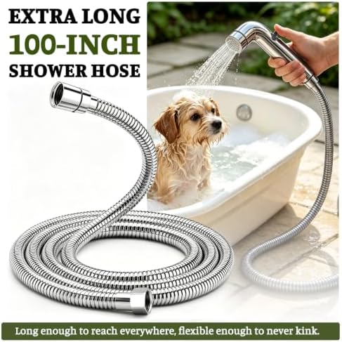 Dog Shower Attachment for Outdoor Pet Washing, High Pressure Hand Sprayer with ON/OFF Switch, 100 Inches Stainless Steel Hose, 3/4 GHT Female Connector, Chrome - Image 3