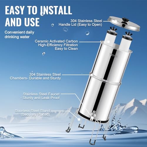 VEVOR Gravity-fed Water Filter System, 2.25G 304 Stainless-Steel Countertop Water Filtration System, Reduces Lead and up to 99% of Chlorine, with 2 Ceramic Carbon Filters, Spigot, and Stand - Image 6