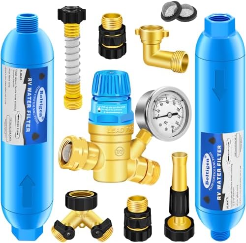 Water Pressure Regulator Filter Kit, with 2 Inline Water Filters (NSF Certified), Hose Splitter, Brass Elbow, Sprayer, Flexible Connector, Hose Quick Connects, RV Fresh Water Kit, Great for RV Camper by Boltigen