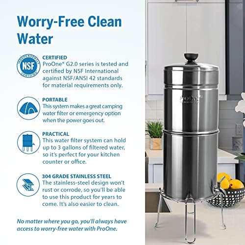 ProOne Big+ Gravity Water Filter System High Capacity Countertop Stainless Steel Water Filter Dispenser IAPMO Certified to Reduce Lead, Total PFAS, Microplastics, Chlorine Taste & Odor, 2 Pack Filter - Image 3