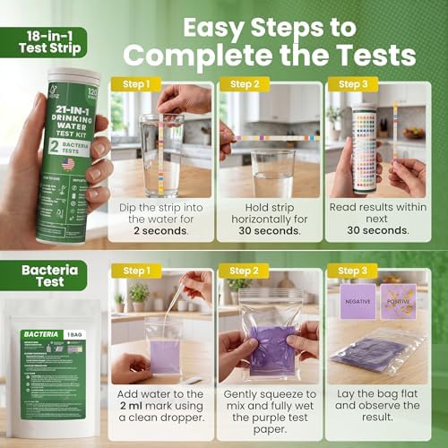 21-in-1 Drinking Water Test Kit – 120 Strips + 2 Bacteria Tests – Easy DIY Testing for Tap, Well & Spring Water – Tests Lead, Fluoride, Iron, Hardness, pH, Chlorine, Copper, Bacteria & More - Image 4