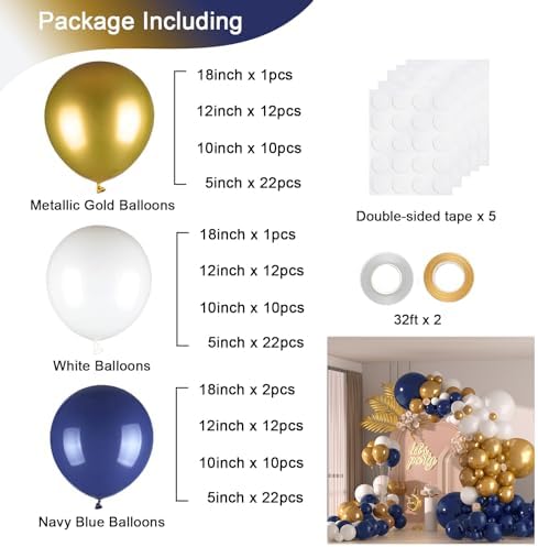 136pcs Navy Blue Gold White Balloons Arch Kit,18 12 10 5 Inch Balloons - Image 2
