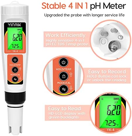 YINMIK PH Meter, Digital 4 in 1 PH EC TDS Temp Meter for Water Hydroponics - Image 2