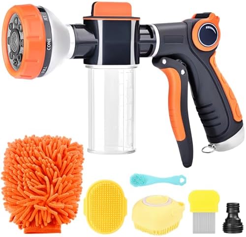 Upgrade Dog Washing Hose Attachment, 8 Way Spray Pattern Garden Hose Nozzle with Soap Dispenser, Dog Wash Supplies with 2 type Dog Bath Brush, Dog Comb and Toothbursh, Car Washing Mitt by EVILTO