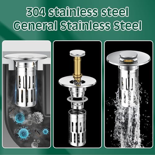 Vodolo 3 in 1 Sink Drain Strainer with Hair Catcher,8PCS Stainless Steel Popup Sink Stopper with Basket for Bathroom Kitchen Shower,Pop-up Bounce Core Floor Basin Drain Filter,Replacement Sink Plug - Image 4