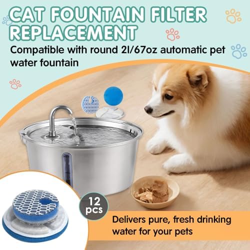 12 Packs Cat Water Fountain Filter Replacement Compatible with Round 2.2L/73oz Automatic Pet Water Fountain - Cat Fountain Filter for Stainless Steel Pet Fountain - Image 2