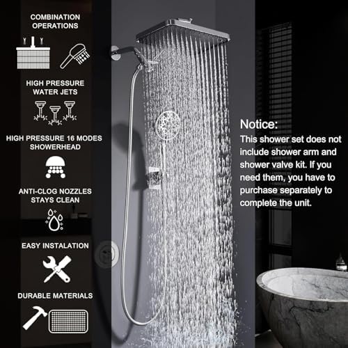 14 Inch Square Rain Shower Head Combo, 7 Settings Handheld Spray, Water Saving with Check Valve, Anti-Clog Nozzles, Tool-Free Installation for Bathroom Upgrade - Image 2