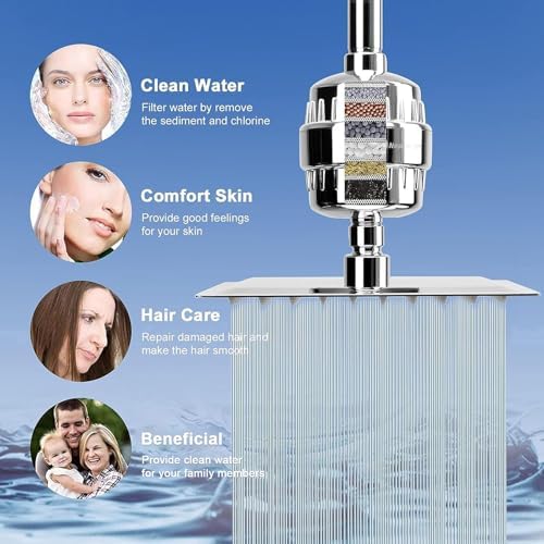 NearMoon Filtered Shower Head, High Pressure 8″Square, 5 settings Handheld Rain Shower Filter Combo with Self-adhesive Holder/1.5M Hose -1 Replaceable Filter Cartridge (Chrome Finish) - Image 3