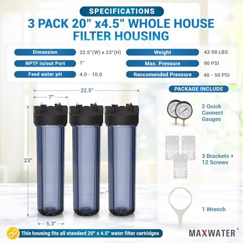 Max Water Whole House 20" x4.5" Purple Clear WH Water Filter Housing 1 inch Inlet/Outlet Ports with Pressure Gauge Wrench and Bracket (3 Housing + 2 Pressure Gauge) - Image 2