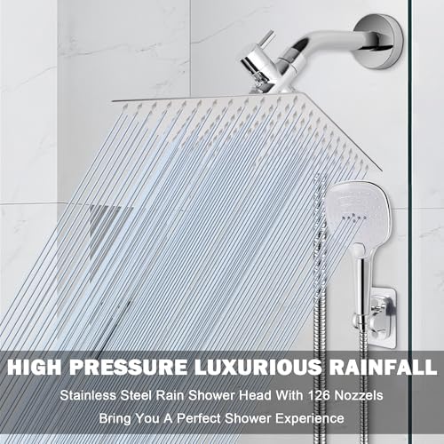 NearMoon Shower Head with Hose, High Pressure Stainless Steel Rain Shower and 3 Settings Handheld Spray Combo with Push Button Flow Control (12 Inch, Chrome Finish) - Image 2