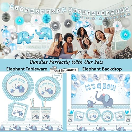 697 Piece Blue Elephant Baby Shower Decorations for Boy Kit - It's a BOY Pre-Strung Banners, Garland Guestbook Mommy to Be Sash Balloons Cake Toppers Fans Lantern Napkins Straws Games & Favor Stickers - Image 5