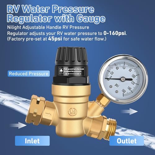 Nilight RV Water Pressure Regulator, Adjustable Brass Valve with Gauge - Image 4
