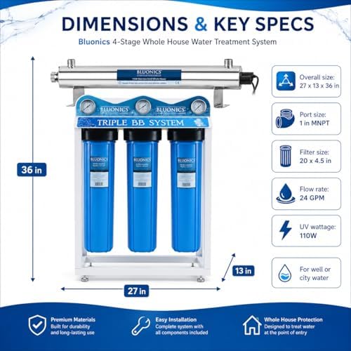 Bluonics 110W Whole House Water Filter System for Well & City Water, 4-Stage Water Filtration System with UV Water Treatment, Triple 20 x 4.5 Sediment & Carbon Filters, 1 Inch MNPT, 24 GPM - Image 6