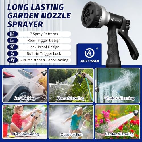AUTOMAN-Garden-Hose-Nozzle, ABS Water Spray Nozzle, 7 Adjustable Watering Patterns, Slip Resistant for Watering Plants, Lawn& Garden, Washing Cars, Cleaning, Showering Pets & Outdoor Fun.Silver Color - Image 5