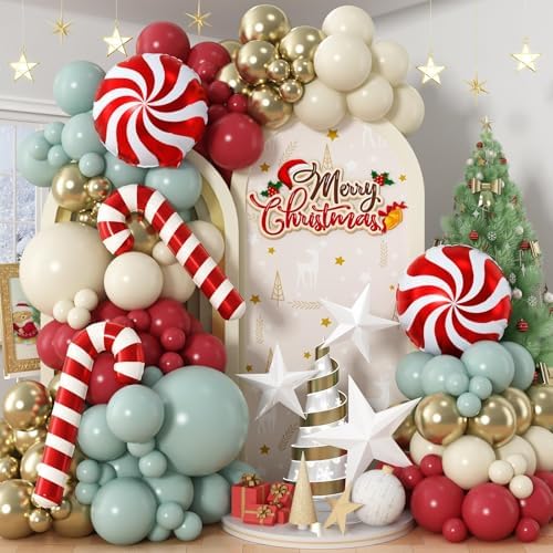 Christmas Balloon Garland Arch Kit, 111PCS Red Green Gold White Balloons with Lollipop Candy Cane Mylar Foil Balloon Arch for Xmas Party Holiday Wedding Birthday New Year Decorations by Paeyeq