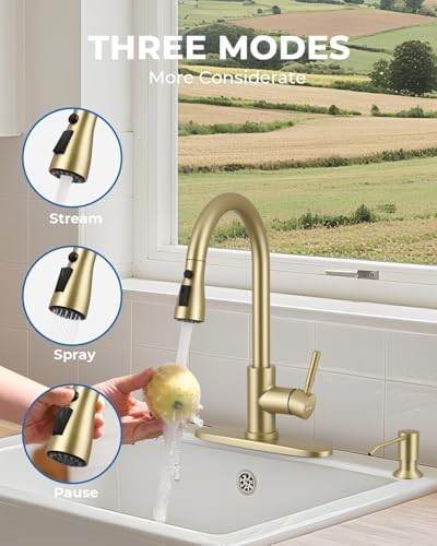 WEWE Kitchen Faucet with Soap Dispenser Set, Pull-Down Sprayer, Gold - Image 4