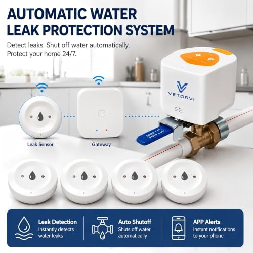 Smart Water Leak Detector and Automatic Shutoff Valve Kit with Hub, 4 Water Leak Sensors - Image 2