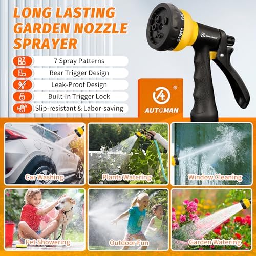 AUTOMAN-Garden-Hose-Nozzle, 2 Pack ABS Water Spray Nozzle with Heavy Duty 7 Adjustable Watering Patterns,Slip Resistant for Watering Plants,Lawn& Garden,Washing Cars,Cleaning,Showering Pets - Yellow - Image 6