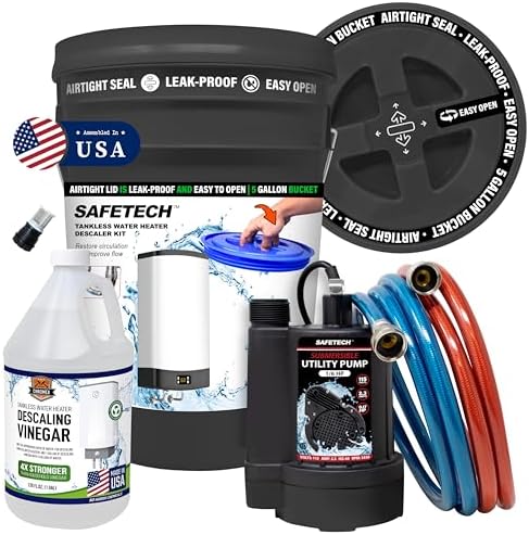 Safetech Tankless Water Heater Flushing Kit with 5-Gallon Screw-Top Lid, Premium Hoses, 1/6 HP Pump, and Concentrated Vinegar by SafeTech