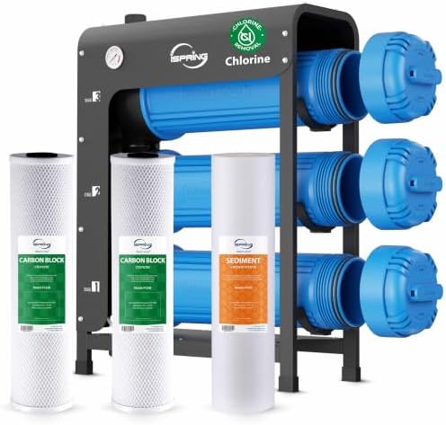 iSpring WHO32B Whole House Water Filter System, Horizontal Housings for Ease Filter Replacement, Reduces Chlorine, Sediment, Odors, Commercial-Grade 3-Stage 20"x4.5" Industry Standard Filters by iSpring