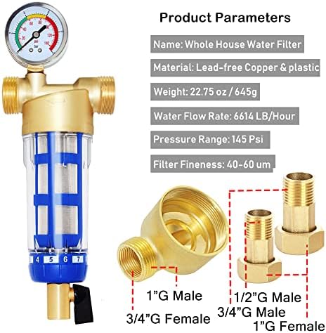 Beduan Reusable Spin Down Sediment Water Filter for Whole House Prefilter Protector,1"Male Thread,3/4"Male & Female Thread,1/2"Male Thread (50 Micron & Pressure Gauge) - Image 2
