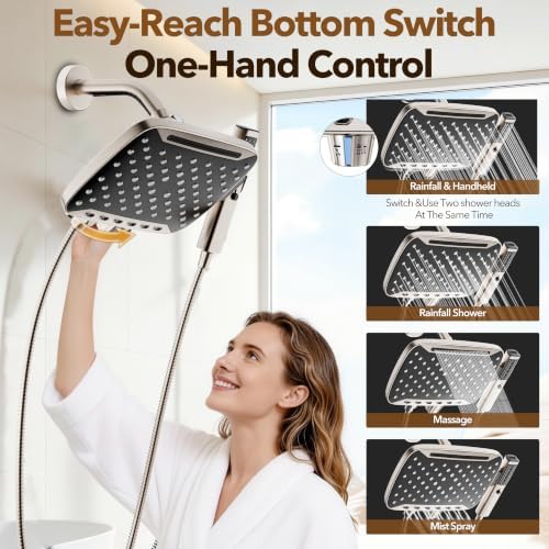 JDO High Pressure Rain Shower Head with Handheld Spray Brushed Nickel - Image 2