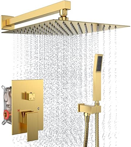 Brushed Gold Rain Shower System Faucet Set with Handheld, 10 inch by Dlvsoby