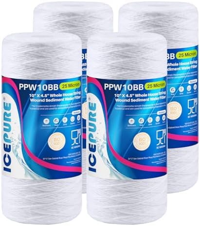 ICEPURE 25 Micron 10”x4.5'' Whole House Sediment String Wound Water Filter Replacement filter for 84637, WPX5BB97P, PC10, 355214-45, 355215-45, WP10BB97P, WP5BB97P, 4PACK by ICEPURE