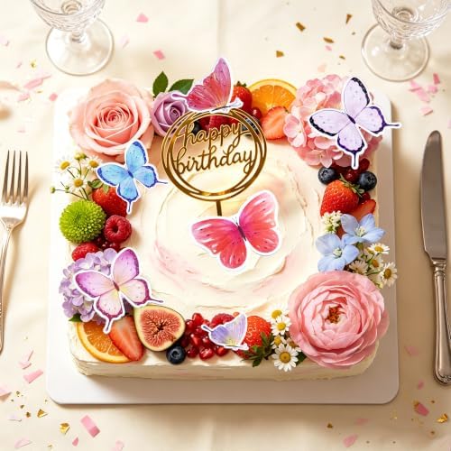 Flower Cake Toppers, Happy Birthday Rose Gold Cake Decorations with Artificial Flowers Butterfly Balls for Wedding Baby Shower Birthday Party Supplies (Lavender) - Image 5