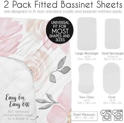 Sweet Jojo Designs 2-Piece Baby Bassinet Sheets Set (Pink/Grey Boho Floral) for Girls, Infant Nursery, Newborn Room - Oval Rectangle Hourglass Mattress (Solid Color, Bohemian, Farmhouse, Chic, Flower) - Image 6