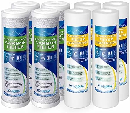 4 Standard Coconut Shell Block Carbon & 4 Four Layers of Filtration Polypropylene Sediment 5 Micron 2.5"x 10" Water Filter Cartridges Universal replacement for Reverse Osmosis & Standard 10” Housing by Ronaqua