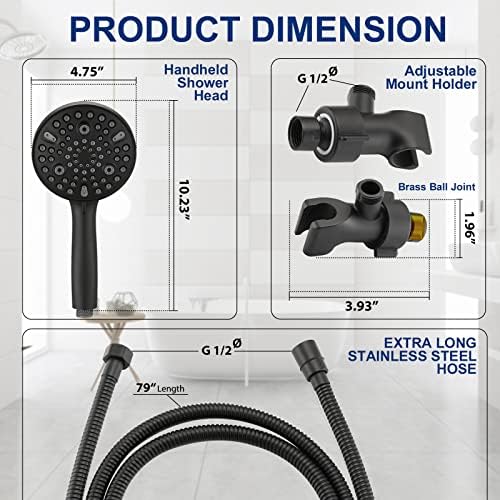 High Pressure 10 Setting Handheld Shower Head, 5" Detachable Showerhead Spray Built-in Power Wash to Clean Tub, Tile & Pets, 79" Extra Long Stainless Steel Hose, Adjustable Bracket - Matte Black - Image 4