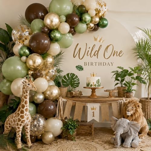 Sage Green Brown Balloon Safari Arch Kit, 120pcs Retro Olive Green Coffee Cream Metallic Gold Latex Camo Balloons Garland for Forest Jungle Wild One Birthday Woodland Baby Shower Party Decorations - Image 3