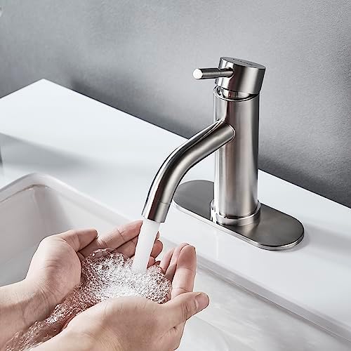 Single Hole Bathroom Sink Faucet Brushed Nicke, Modern Single Handle Bathroom Faucet Commercial Stainless Steel Basin Faucet with Drain - Image 2
