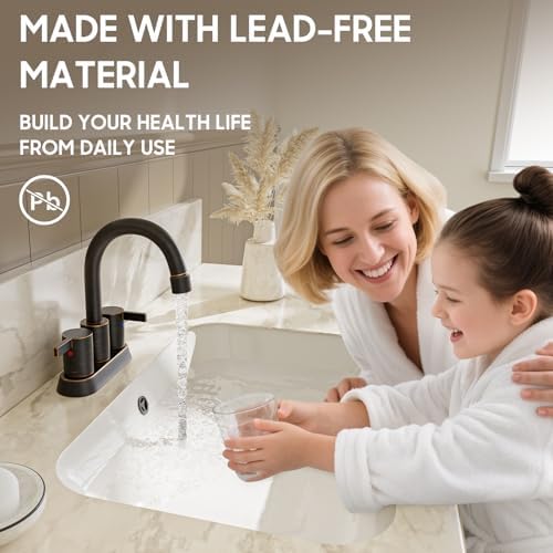 Phiestina 2 or 3 Holes Oil Rubbed Bronze 4 Inch 2 Handle Centerset Lead-Free Bathroom Sink Faucet, 360 Degree Swivel Spout with Copper Pop Up Drain and 2 Water Supply Lines, BF015-1-ORB - Image 3