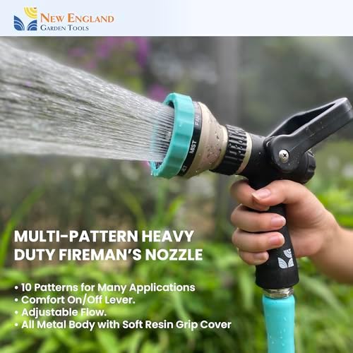 Heavy Duty Metal Fireman’s Hose Nozzle 500003, 10-Pattern Hose Sprayer with Lever Control & Comfort Grip, High Flow Design, by New England Garden Tools, for Watering Plants, Yards, Washing Cars & Pets - Image 2