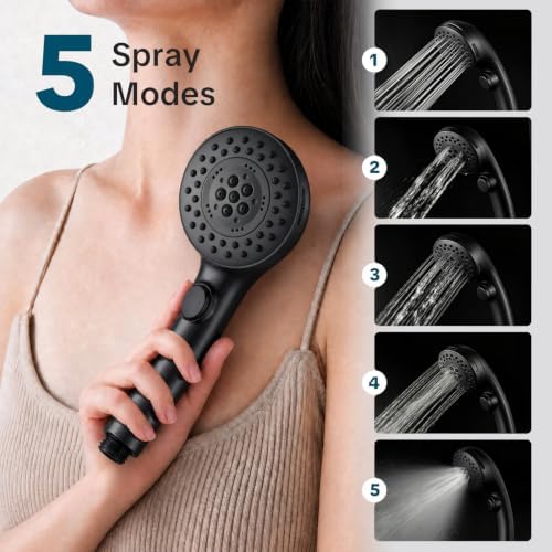 OFFO Shower Head with Handheld, 5 Mode Handheld Shower Head with On Off Switch for Water Saving, High Flow Powerful Boosting Showerheads with 60" PVC Hose & Holder, Matte Black - Image 5