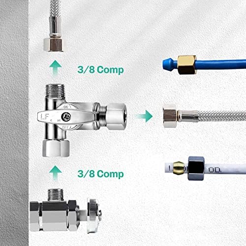 Lead-Free Brass 2Pcs Chrome-Plated Add-A-Tee 3-Way,3/8 Inch x 3/8 Inch x 1/4 Inch Angle Stop Valve For Reverse Osmosis Water Filters,Ice Maker,Refrigerator - Image 2