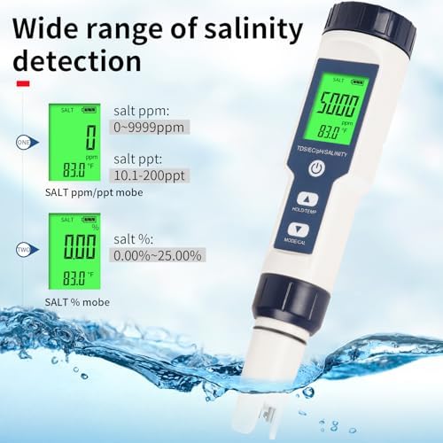 Pool Salt Tester,Digital Pool Water Tester,Accurate and Reliable,Salinity, pH Meter, EC, TDS, and Temperature 5 in 1;Salt Water Pool Testing kit, Used for Pool Salt and hydroponic Plants - Image 4