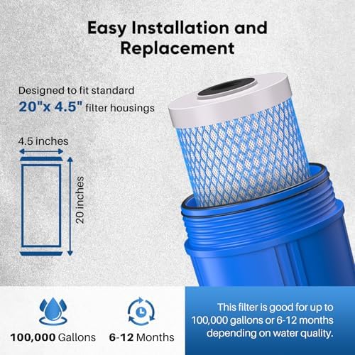 PUREPLUS 20" x 4.5" Whole House Activated Carbon Water Filter, Enhanced Lead Removal, Reduces Chlorine, Sediment & Odors, Compatible with FC25B, EPM-20BB, CB-BB-20, 155783-43, 1 PACK - Image 6