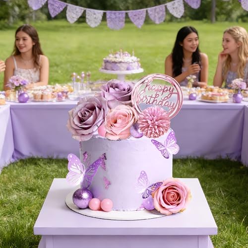 Flower Cake Toppers, Happy Birthday Rose Gold Cake Decorations with Artificial Flowers Butterfly Balls for Wedding Baby Shower Birthday Party Supplies (Purple) - Image 5