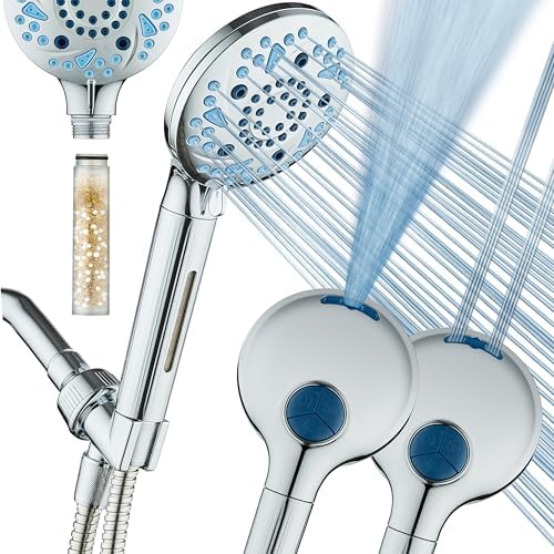 AquaCare High Pressure 10 Spray Mode Filtered Showerhead - Handheld Shower Head Filters Chlorine to Heal Dry Skin, Revive Hair - Dual Power Wash Cleans Tub, Tile, Pets - Hard Water Softener, Chrome by HotelSpa